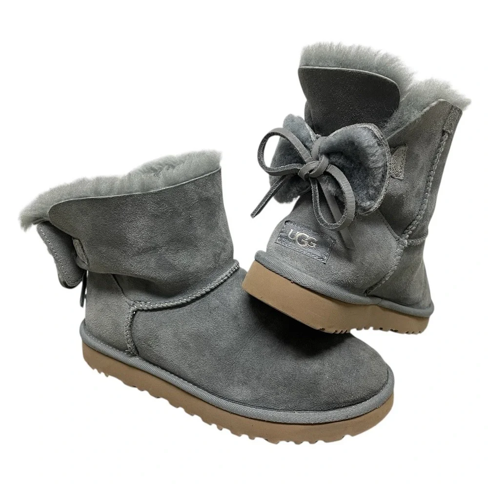 UGG Classic Double Bow Mini‎ Geyser Water Resistant Boot Gray Shearling Lined 7